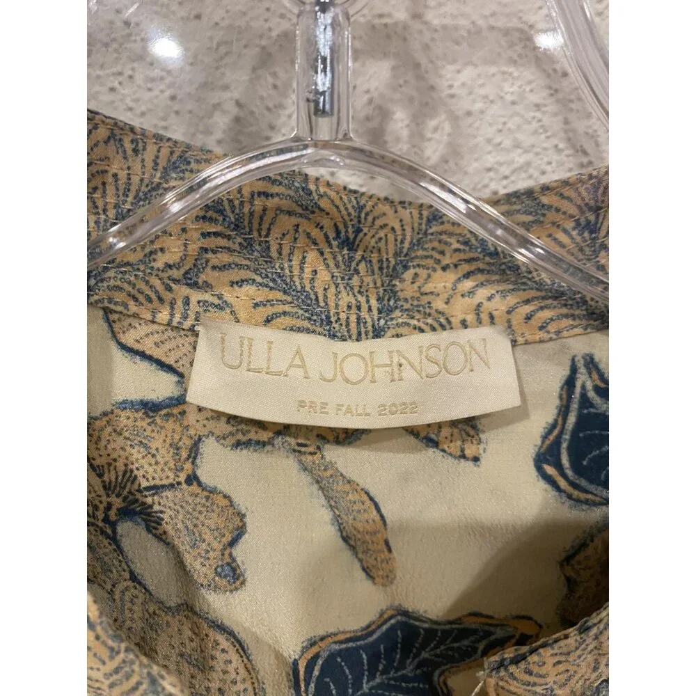 Ulla Johnson Desdra Blouse Womens 2 Cream Silk V-Neck Ruffle Puff Sleeve Floral